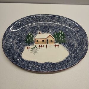 Vtg The Cooks Bazaar Large Holiday Platter Tray Dish Mountain Lodge Cabin Y2K